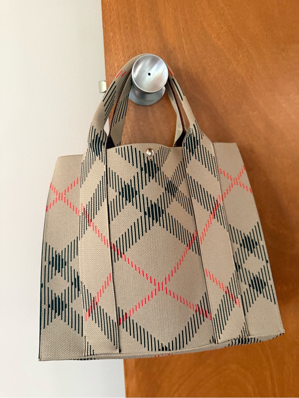 Beige Plaid Tote Bag with Black and Red Accents